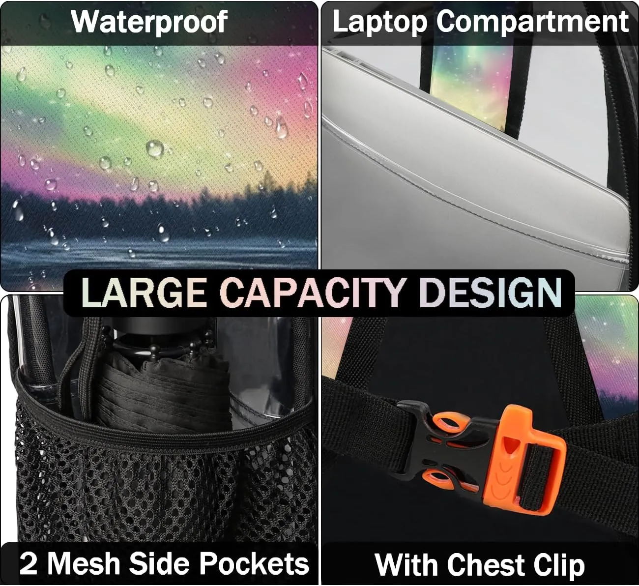 Northern Lights Forest Large Heavy Duty Clear Backpack Northern Lights Aurora PVC Transparent See Through Bag for Work Travel Security
