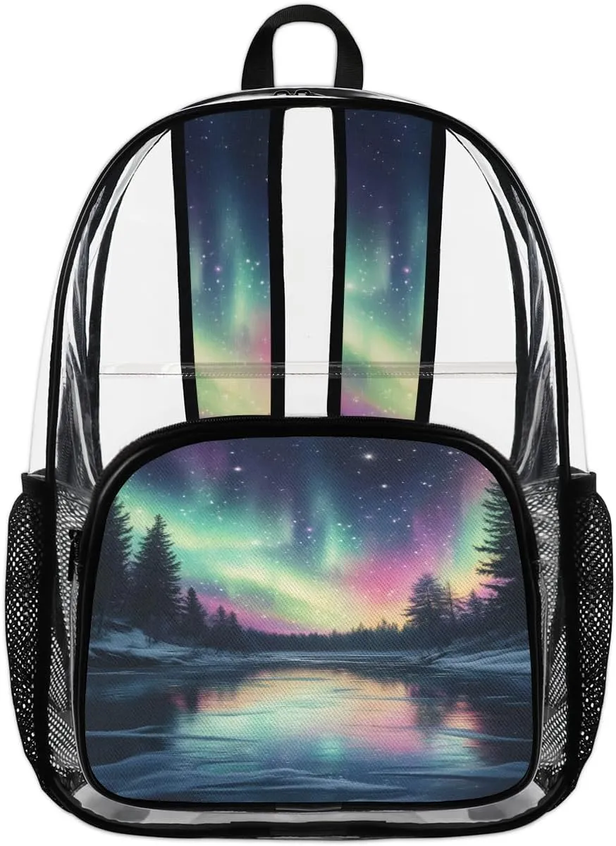 Northern Lights Forest Large Heavy Duty Clear Backpack Northern Lights Aurora PVC Transparent See Through Bag for Work Travel Security