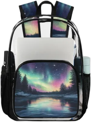 Northern Lights Forest Large Heavy Duty Clear Backpack Northern Lights Aurora PVC Transparent See Through Bag for Work Travel Security