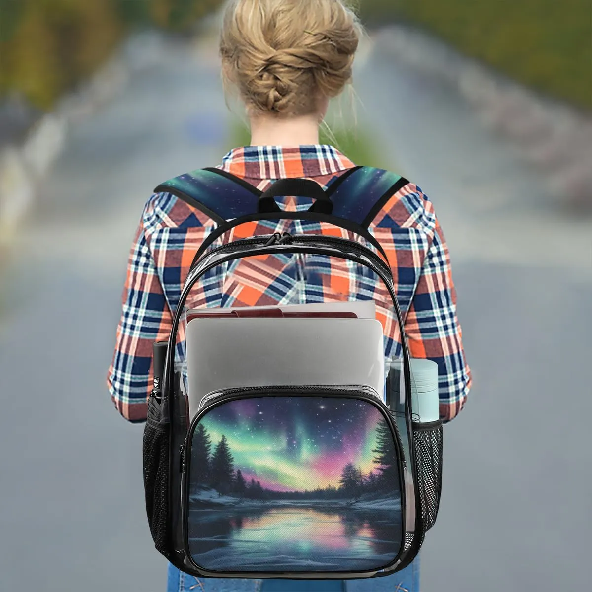 Northern Lights Forest Large Heavy Duty Clear Backpack Northern Lights Aurora PVC Transparent See Through Bag for Work Travel Security