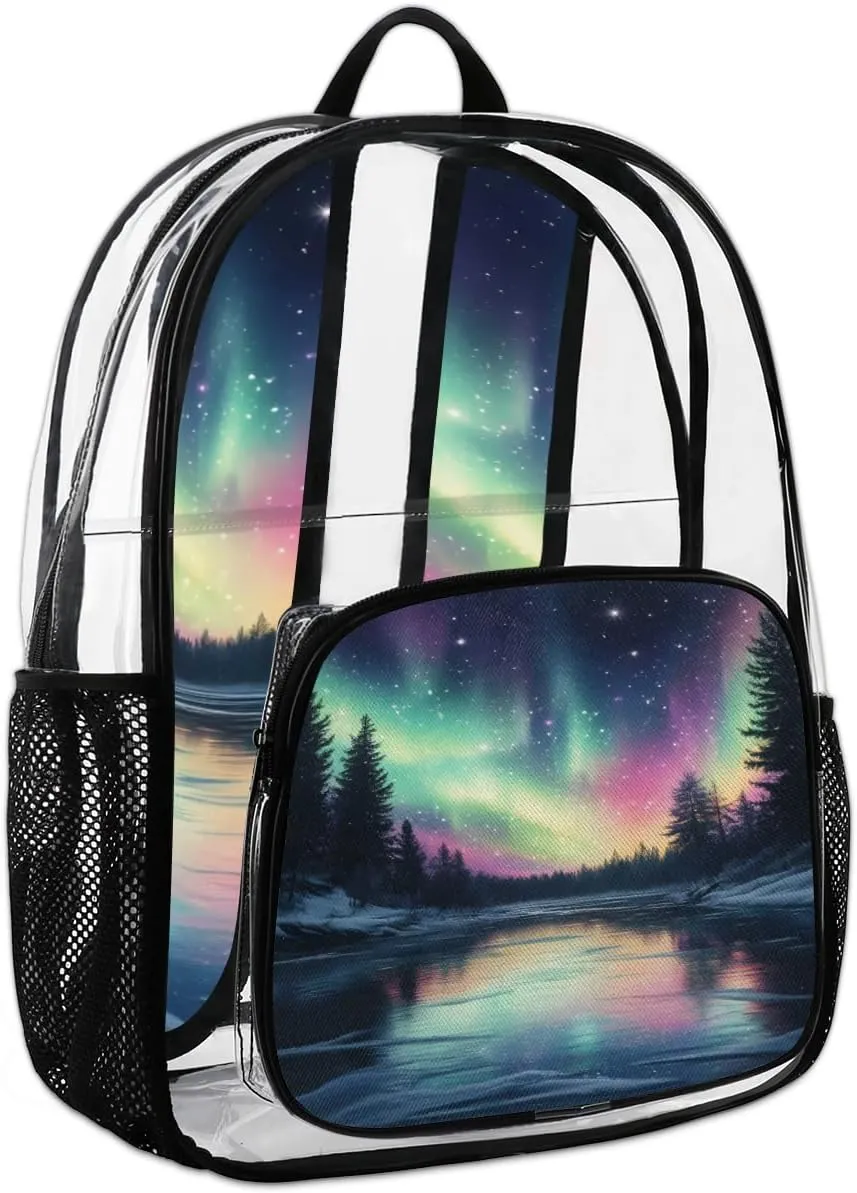 Northern Lights Forest Large Heavy Duty Clear Backpack Northern Lights Aurora PVC Transparent See Through Bag for Work Travel Security
