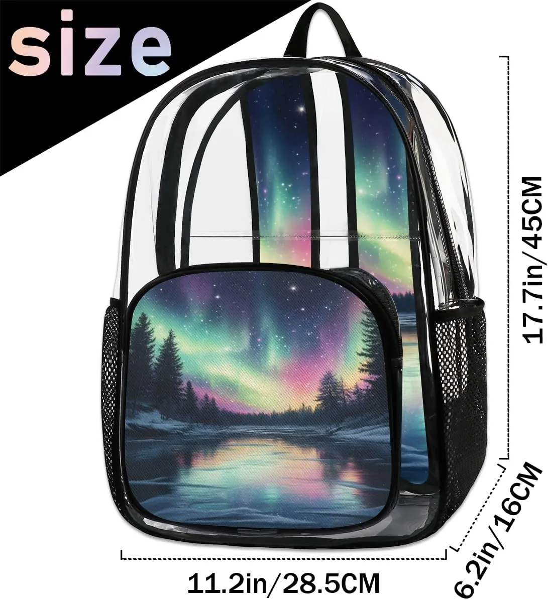 Northern Lights Forest Large Heavy Duty Clear Backpack Northern Lights Aurora PVC Transparent See Through Bag for Work Travel Security
