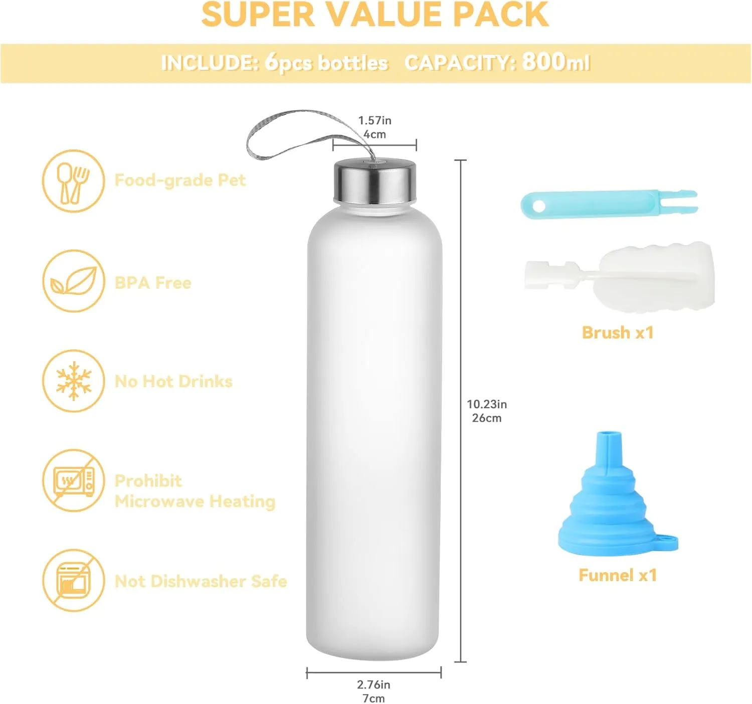 novelinks 6 Pack 27OZ Frosted Water Bottles with Stainless Steel Silver Lid,Leakproof Gym Bottles, Reusable Sport Water Jug for Fitness Camping Office