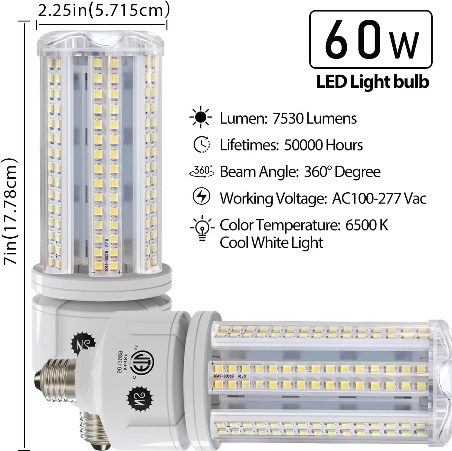 NS 2 Pack 7530 Lumen A19 60W LED Corn Light Bulbs E26 Medium Base 6500K Cool White for Home Garden Lighting Garage Backyard Office Household