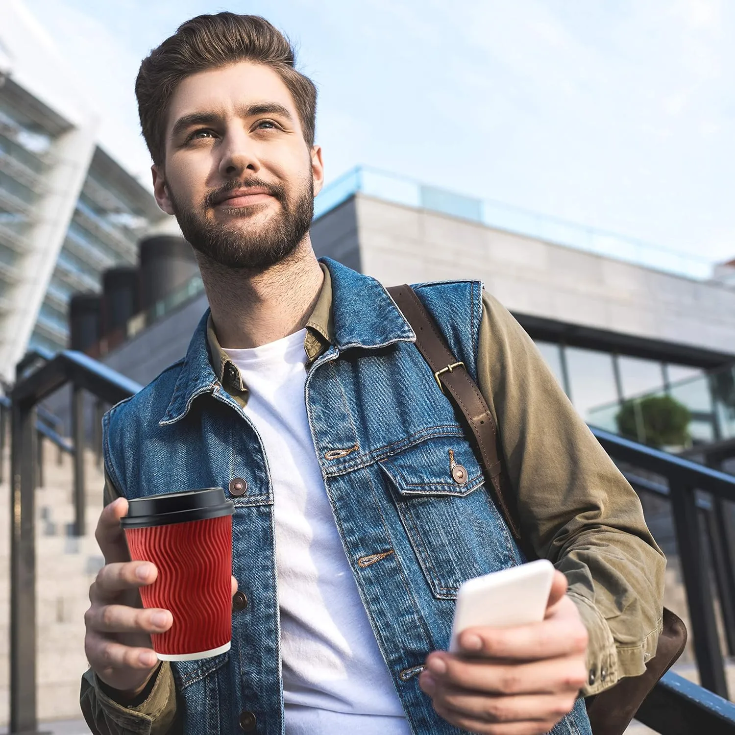 NYHI Pack of 100 12 oz Red Paper Cups with Black lids Coffee Cups Disposable BPA Free Insulated Ripple Kraft Paper Cups To go Cups for Hot or Cold Drinks Office Home Canteen Party Travel