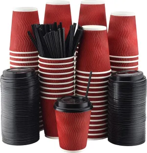 NYHI Pack of 100 12 oz Red Paper Cups with Black lids Coffee Cups Disposable BPA Free Insulated Ripple Kraft Paper Cups To go Cups for Hot or Cold Drinks Office Home Canteen Party Travel