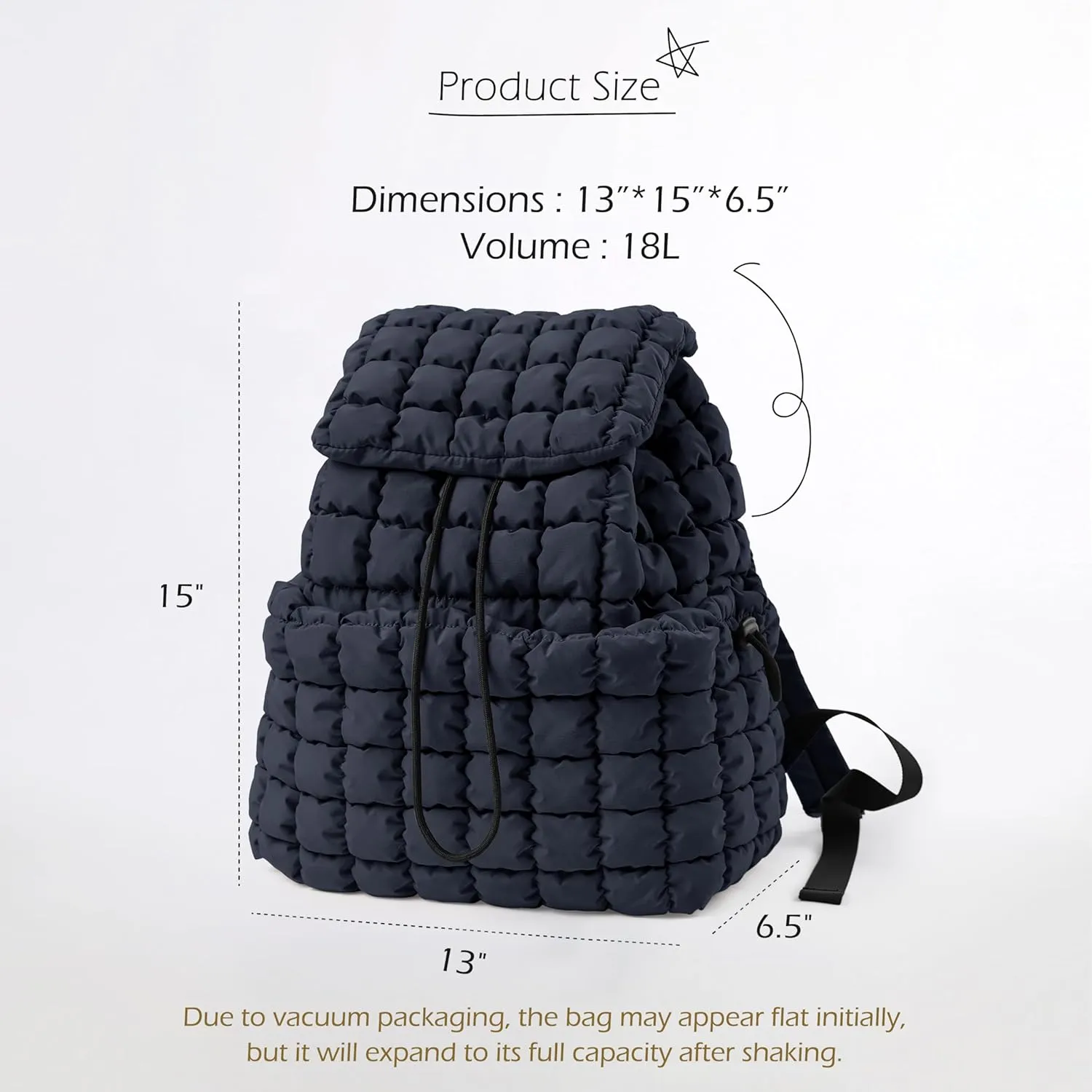 ODODOS Quilted Backpack for Women Lightweight Puffer Hiker Pack Drawstring Padding Travel Gym Bag, Dark Blue