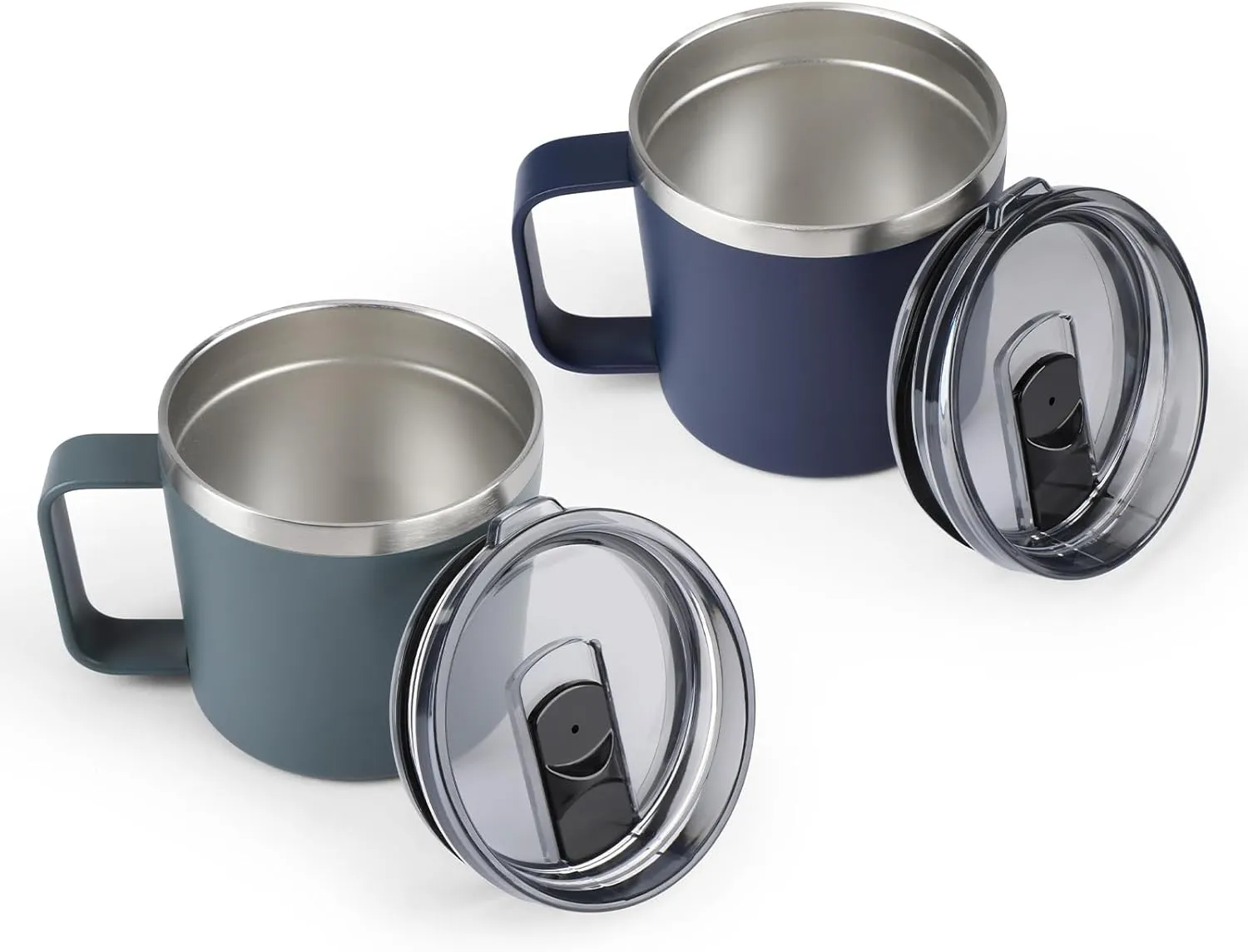 Olympia Tools Coffee Mug Set with Handle and Lid 14 oz, Insulated Camping Mug 2 Pack, Double Wall Stainless Steel Travel Tumbler Cup, Reusable Coffee Cup Outdoor, Powder Coated Forest Gray& Navy