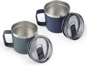 Olympia Tools Coffee Mug Set with Handle and Lid 14 oz, Insulated Camping Mug 2 Pack, Double Wall Stainless Steel Travel Tumbler Cup, Reusable Coffee Cup Outdoor, Powder Coated Forest Gray& Navy
