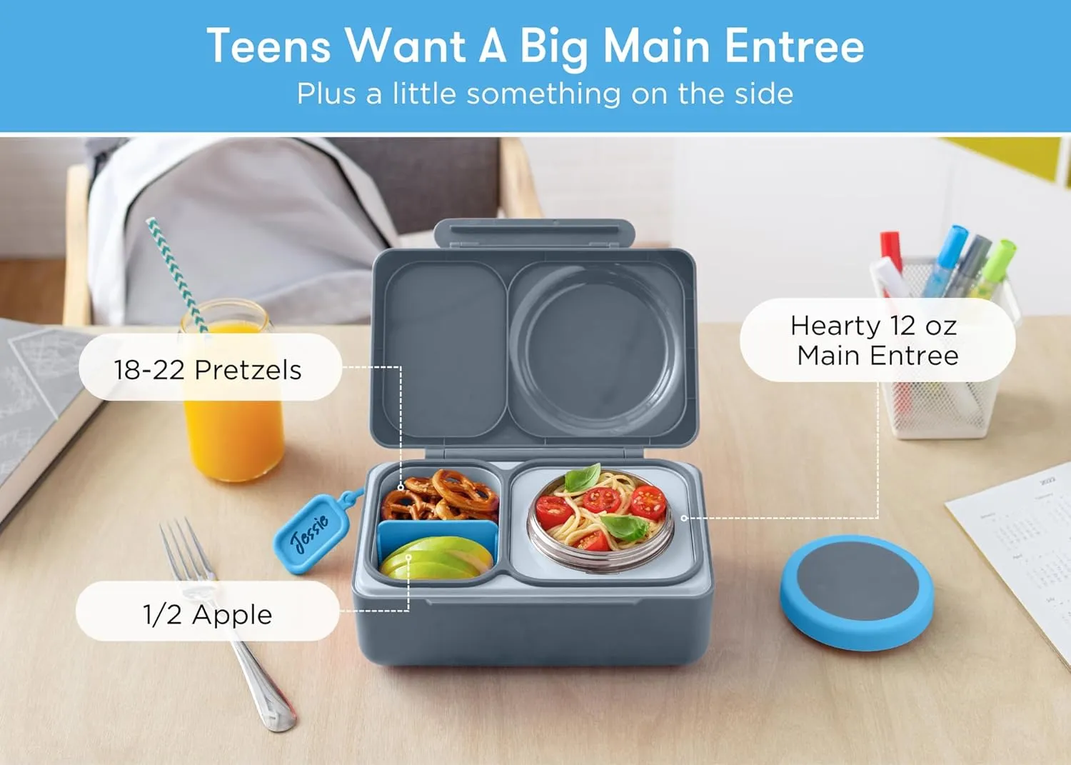OmieBox UP bento Box for Kids | Insulated Lunch Box | Leak Proof Thermos Food jar | Cooler ice Pack | 2 Compartments (Graphite)