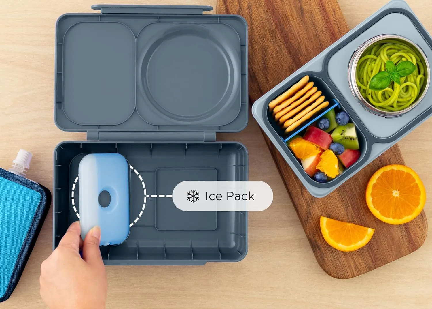 OmieBox UP bento Box for Kids | Insulated Lunch Box | Leak Proof Thermos Food jar | Cooler ice Pack | 2 Compartments (Graphite)