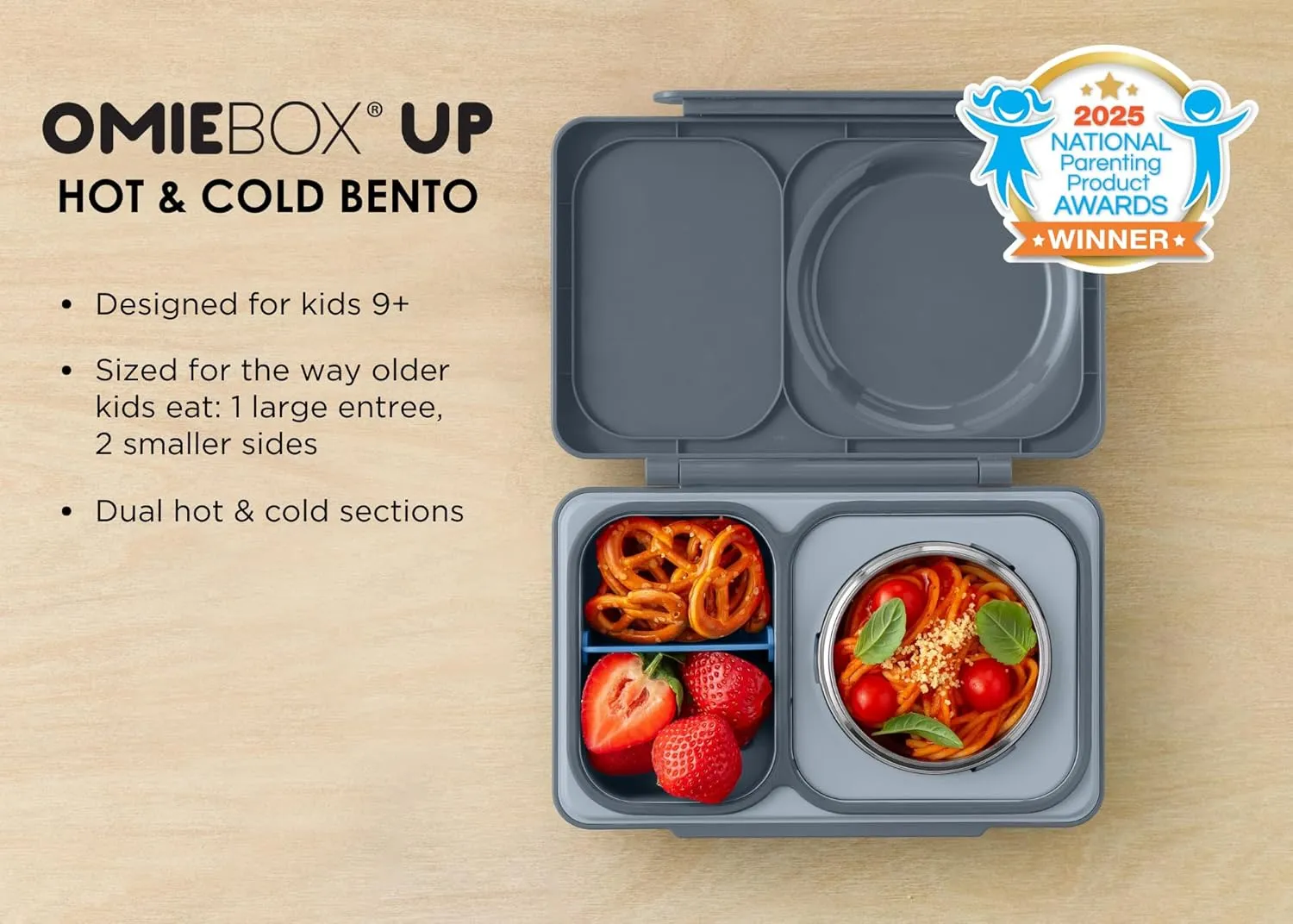 OmieBox UP bento Box for Kids | Insulated Lunch Box | Leak Proof Thermos Food jar | Cooler ice Pack | 2 Compartments (Graphite)