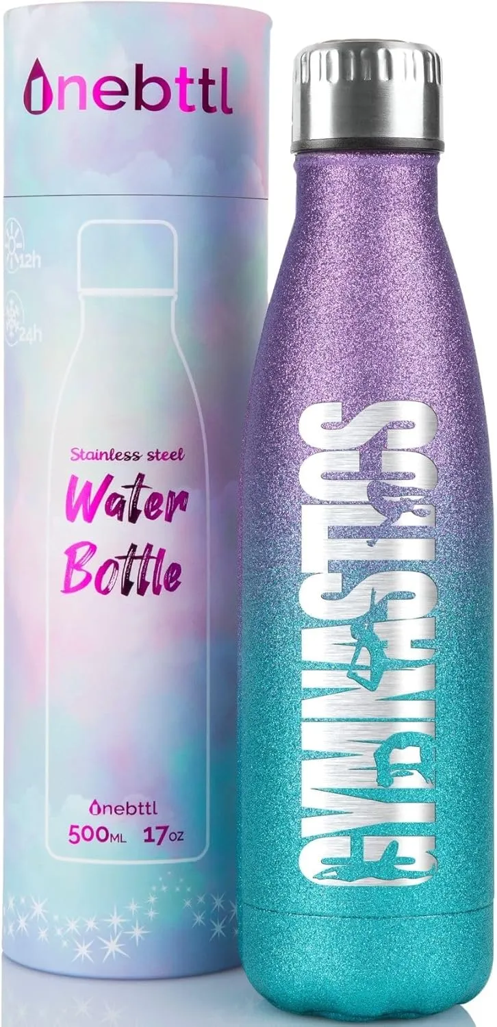 Onebttl Gymnastics Gifts for Girls 8-10, Gymnastic Water Bottle for Coach, 17oz Vacuum Insulated Water Bottle, Glitter Blue & Purple