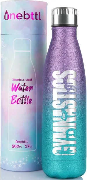 Onebttl Gymnastics Gifts for Girls 8-10, Gymnastic Water Bottle for Coach, 17oz Vacuum Insulated Water Bottle, Glitter Blue & Purple