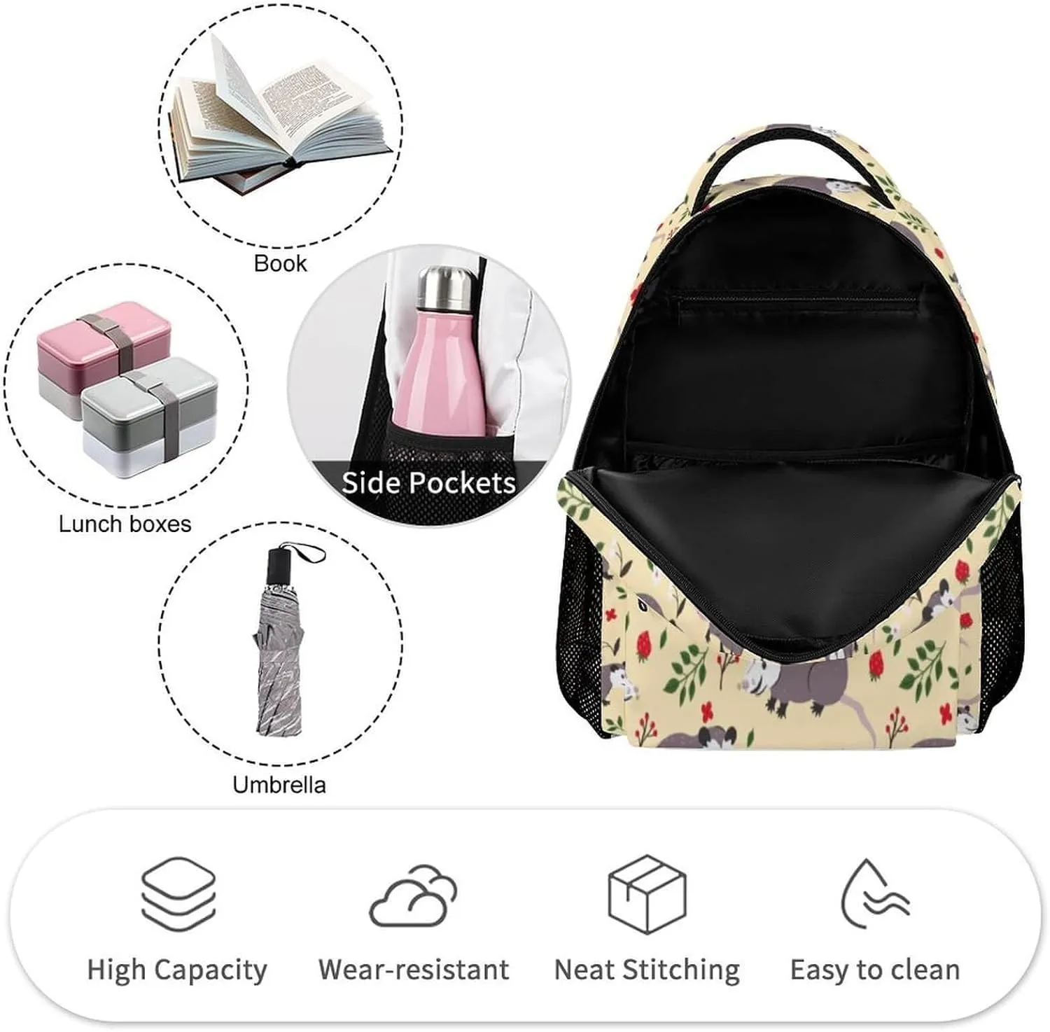 Opossum School Backpack for Kids Girls Boys, 16 Inch Cute Opossums Themed Bookbag, Personalized School Backpack for Students Children, Lightweight, Large Capacity