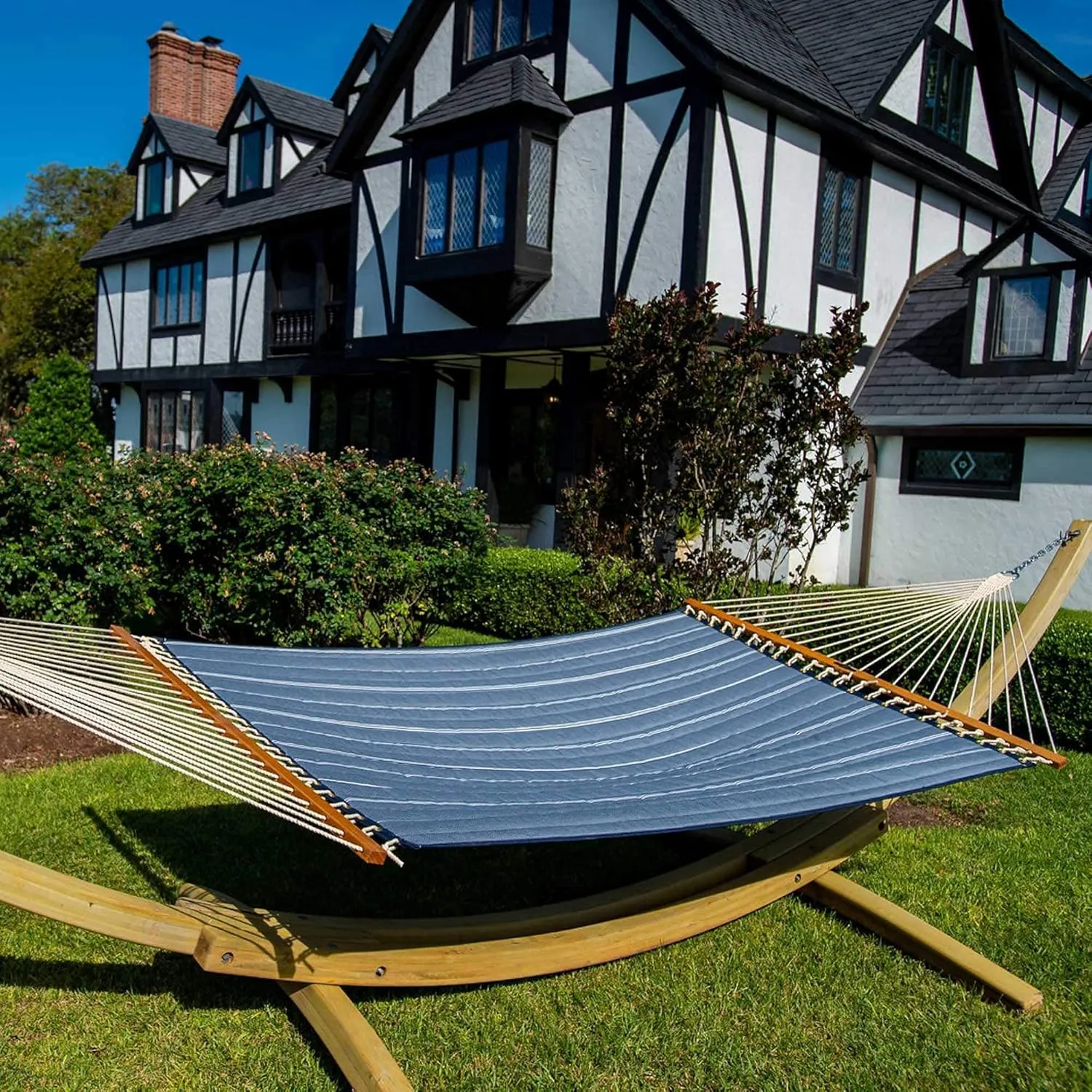 Original Pawleys Island Large Equal Ink Sunbrella Quilted Hammock with Free Extension Chains & Tree Hooks, Handcrafted in The USA, Accommodates 2 People, 450 LB Weight Capacity, 13 ft. x 55 in.