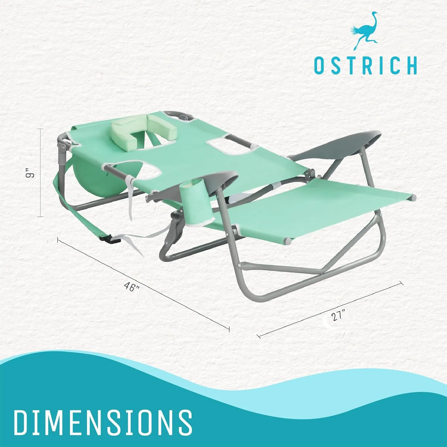 Ostrich Lightweight Portable Outdoor On Your Back Folding Reclining Chair with 5 Seat Adjustment and Cup Holder for Lawn, Beach, and Camping, Teal