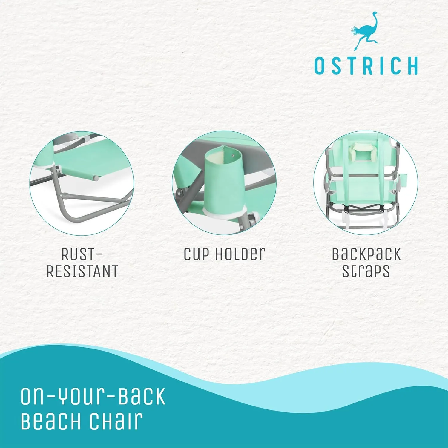 Ostrich Lightweight Portable Outdoor On Your Back Folding Reclining Chair with 5 Seat Adjustment and Cup Holder for Lawn, Beach, and Camping, Teal