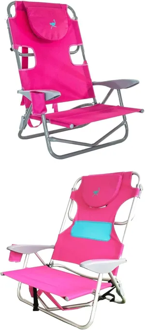 Ostrich On-Your-Back Outdoor Lounge 5-Position Reclining Beach Lake Chair and Ladies Comfort On-Your-Back Backpack Beach Chair, Pink