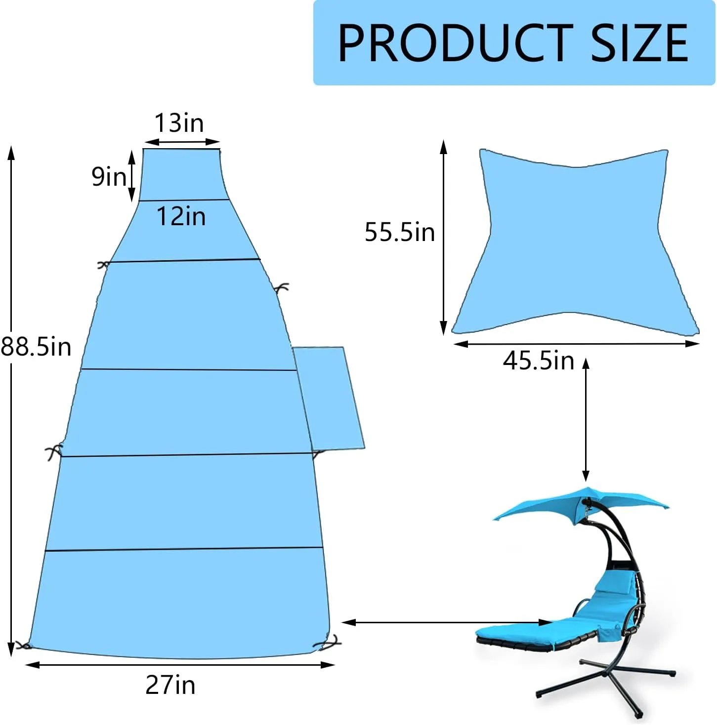 Outdoor Hanging Lounge Chair Replacement Cushion Cover and Umbrella Fabric, Made for Patio Curved Chaise Hammock Floating Swing Chair Pads, Waterproof Soft Fabric (Cushion Excluded),Blue