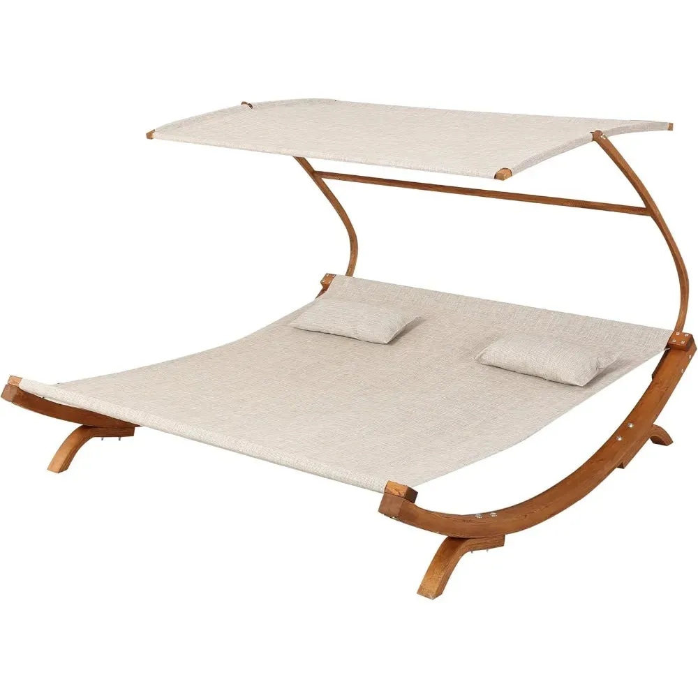 Outdoor Patio Lounge Daybed Hammock with Adjustable Canopy – 300lb Capacity, Teak Wood Frame & Breathable Mesh