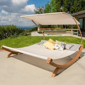 Outdoor Patio Lounge Daybed Hammock with Adjustable Canopy – 300lb Capacity, Teak Wood Frame & Breathable Mesh