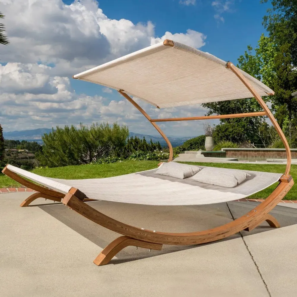 Outdoor Patio Lounge Daybed Hammock with Adjustable Canopy – 300lb Capacity, Teak Wood Frame & Breathable Mesh
