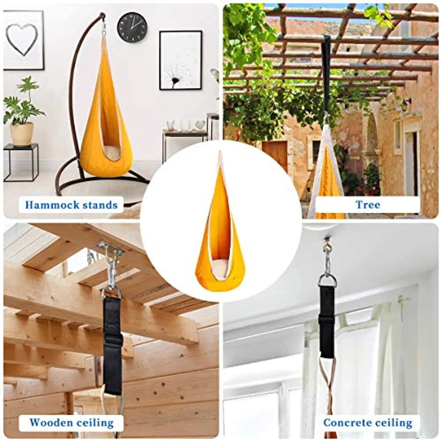 OUTREE Kids Pod Hanging Swing Seat Hammock ,100%Cotton Child Swing Hammock Chair for Indoor and Outdoor use,Yellow and White
