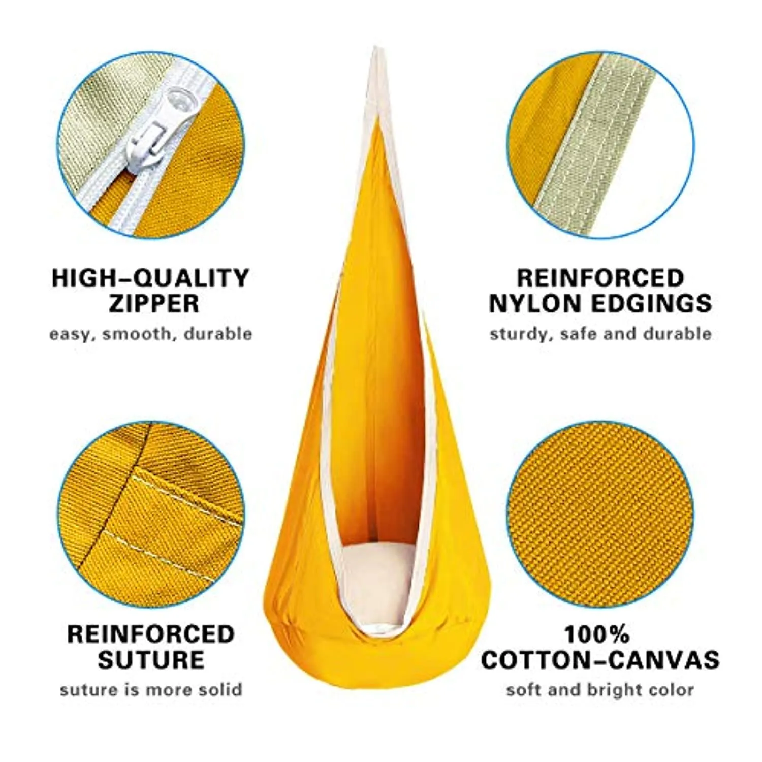 OUTREE Kids Pod Hanging Swing Seat Hammock ,100%Cotton Child Swing Hammock Chair for Indoor and Outdoor use,Yellow and White