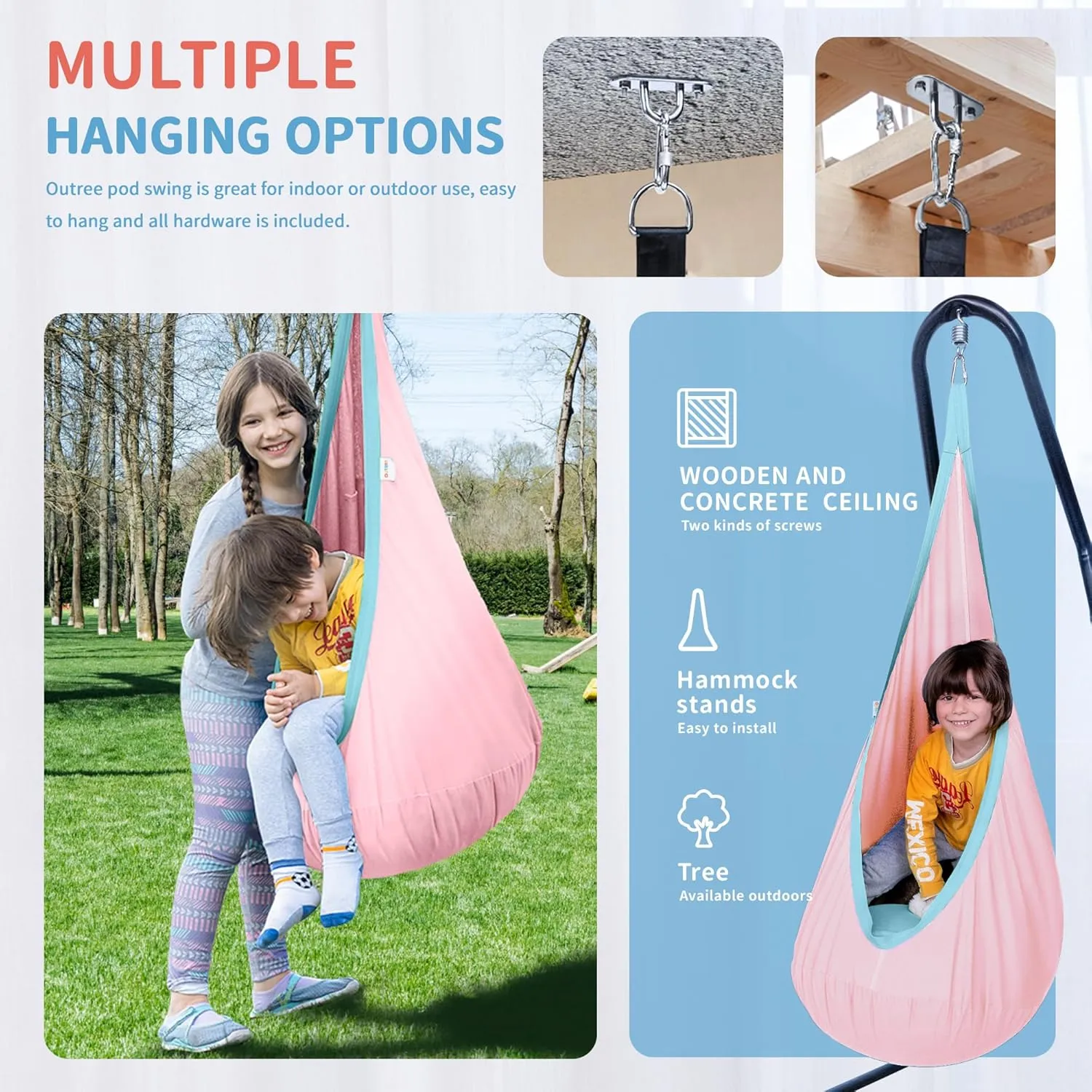 OUTREE Kids Pod Swing Seat, Cotton Child Hammock Swing Chair, Sensory Swing for Indoor and Outdoor Use, Macaron Pink