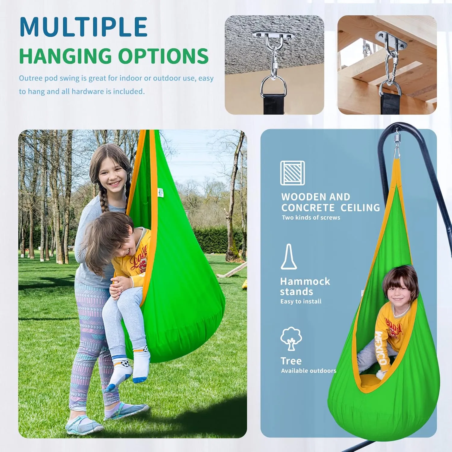 OUTREE Kids Pod Swing Seat, Cotton Child Hammock Swing Chair,Sensory Swing for Indoor and Outdoor Use,Green and Yellow