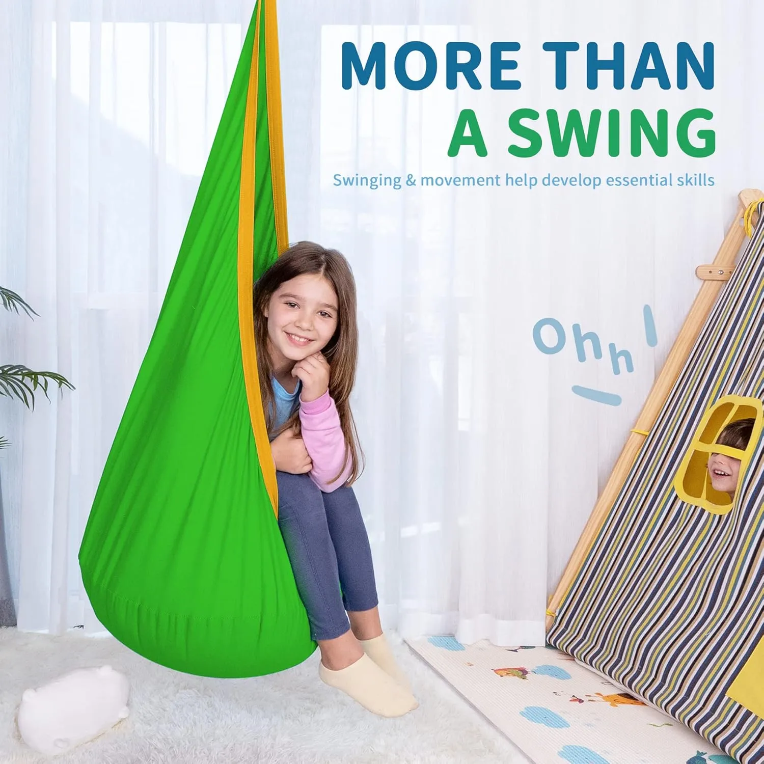 OUTREE Kids Pod Swing Seat, Cotton Child Hammock Swing Chair,Sensory Swing for Indoor and Outdoor Use,Green and Yellow