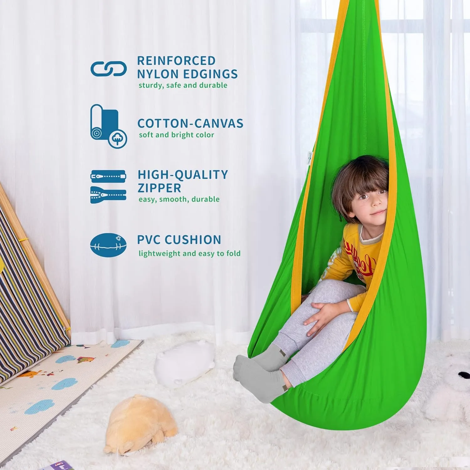 OUTREE Kids Pod Swing Seat, Cotton Child Hammock Swing Chair,Sensory Swing for Indoor and Outdoor Use,Green and Yellow