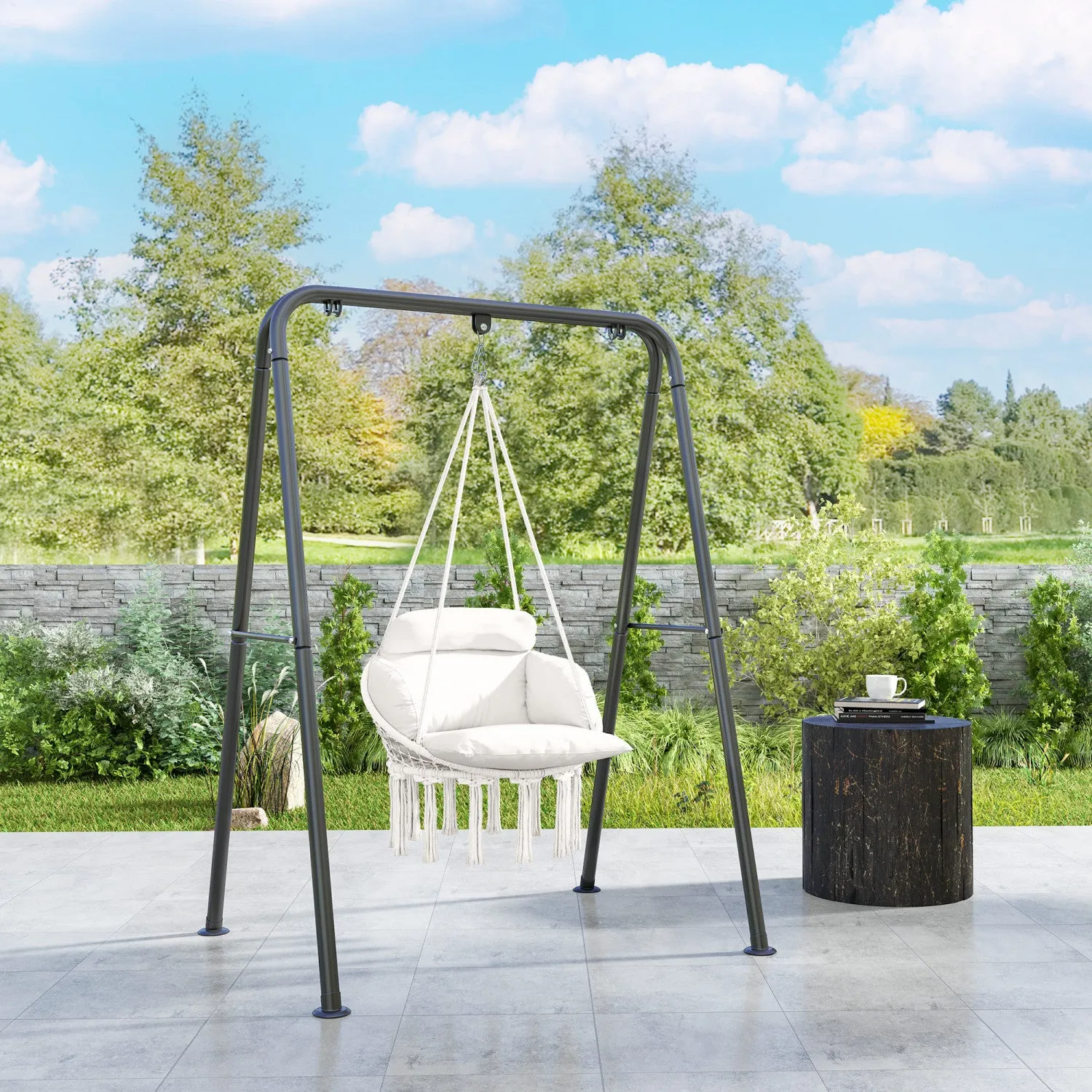 Outsunny Hanging Hammock Chair, Boho Outdoor Swing Chair W/ Cushion, Cream