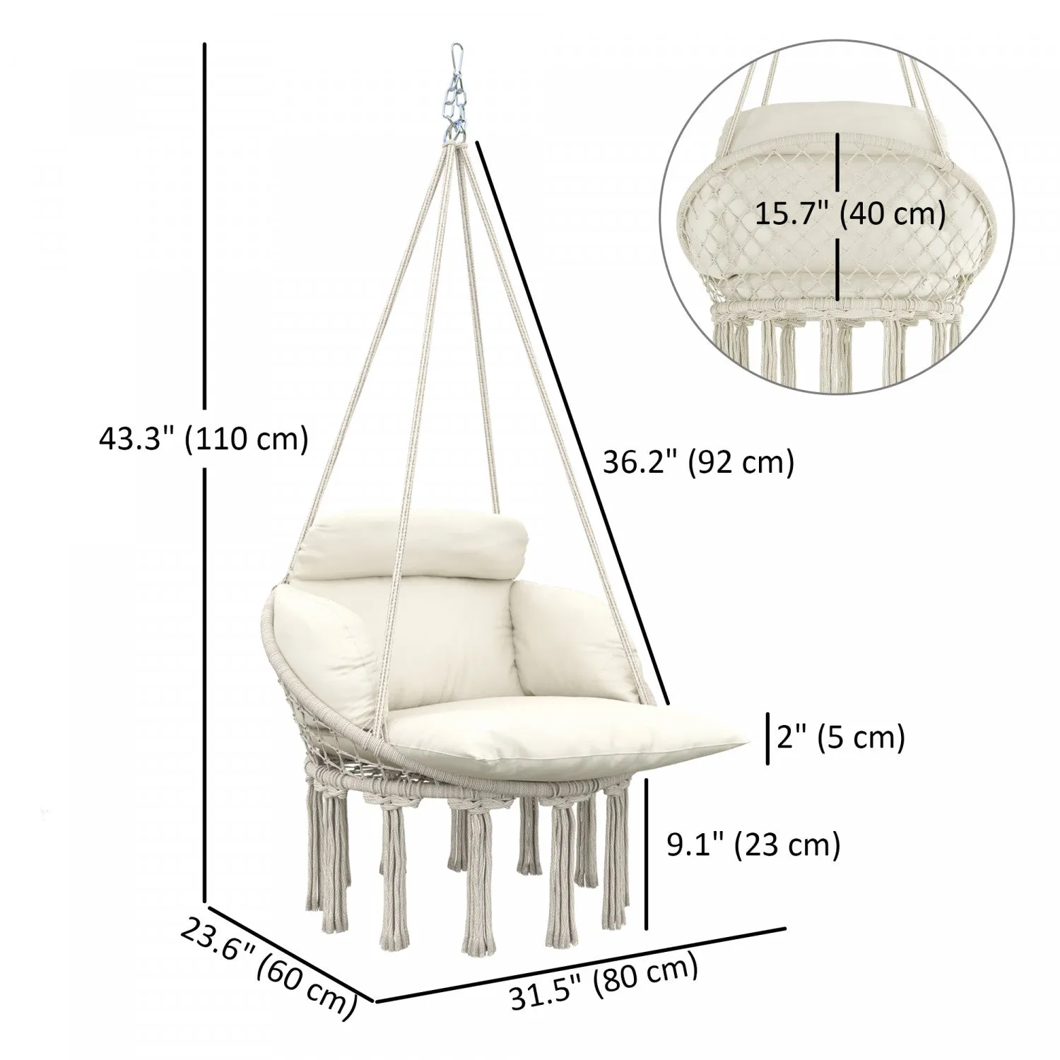 Outsunny Hanging Hammock Chair, Boho Outdoor Swing Chair W/ Cushion, Cream