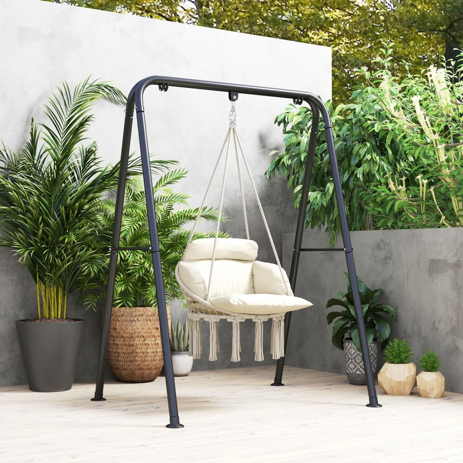 Outsunny Hanging Hammock Chair, Boho Outdoor Swing Chair W/ Cushion, Cream