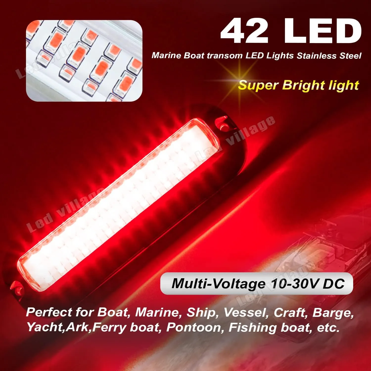 Pack of 2 Clear Lens Red Boat Marine Transom Lights 42 LED Stainless Steel Housing for Pontoon Skeeters Sailboats Catamaran Deck Navigation Lamps 10-30V DC