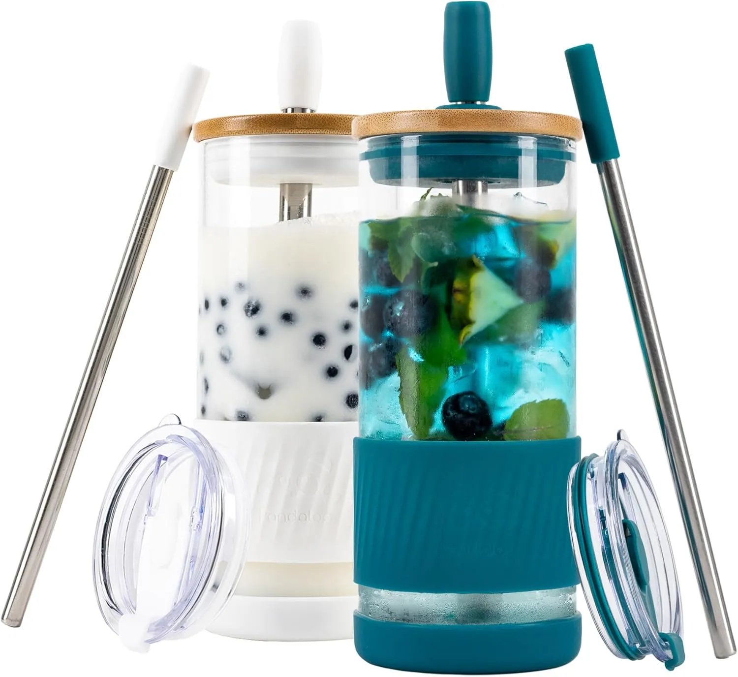 Pandaloo® Glass Cups With Lids and Straws -20 Fl Oz- Perfect Size Iced Coffee Cup - Smoothie Cup With Bamboo Lid and On the go Lid - Glass Tumbler (2 Count (Pack of 1), Coton White-Intense Teal)
