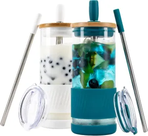 Pandaloo® Glass Cups With Lids and Straws -20 Fl Oz- Perfect Size Iced Coffee Cup - Smoothie Cup With Bamboo Lid and On the go Lid - Glass Tumbler (2 Count (Pack of 1), Coton White-Intense Teal)