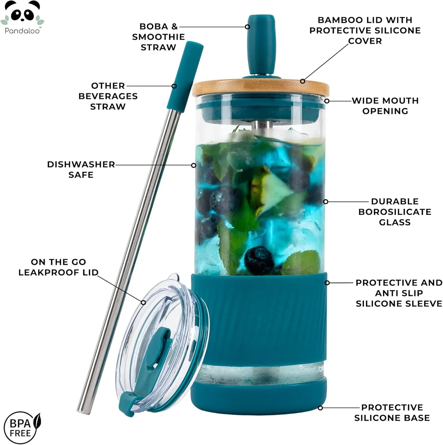 Pandaloo® Glass Cups With Lids and Straws -20 Fl Oz- Perfect Size Iced Coffee Cup - Smoothie Cup With Bamboo Lid and On the go Lid - Glass Tumbler (2 Count (Pack of 1), Coton White-Intense Teal)