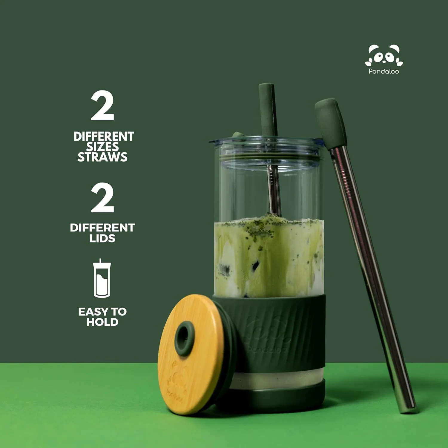Pandaloo® Glass Cups With Lids and Straws -20 Fl Oz- Perfect Size Iced Coffee Cup - Smoothie Cup With Bamboo Lid and On the go Lid - Glass Tumbler (2 Count (Pack of 1), Coton White-Intense Teal)