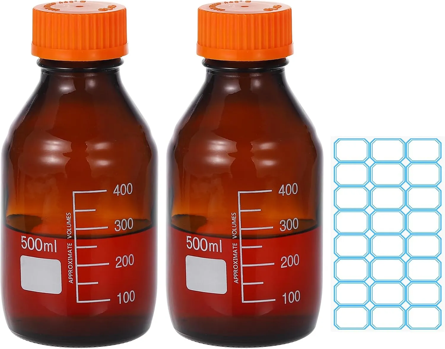 PATIKIL 2 Pack Reagent Media Storage Bottles, 500ml Borosilicate Glass Graduated Round Bottles with Orange GL32 Screw Cap and 24 Pcs Labels for Lab Water Reagent Liquids, Amber