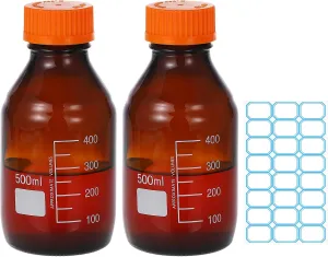 PATIKIL 2 Pack Reagent Media Storage Bottles, 500ml Borosilicate Glass Graduated Round Bottles with Orange GL32 Screw Cap and 24 Pcs Labels for Lab Water Reagent Liquids, Amber