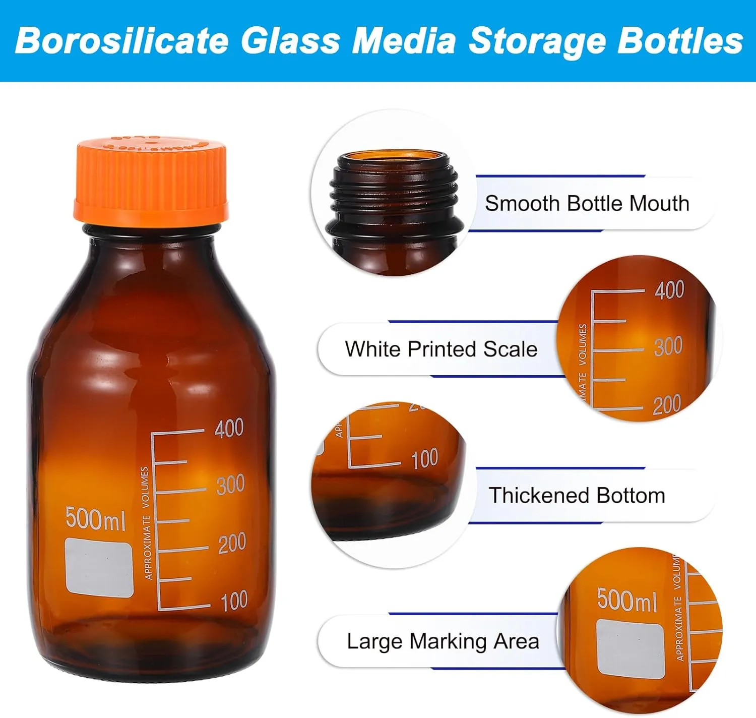 PATIKIL 2 Pack Reagent Media Storage Bottles, 500ml Borosilicate Glass Graduated Round Bottles with Orange GL32 Screw Cap and 24 Pcs Labels for Lab Water Reagent Liquids, Amber