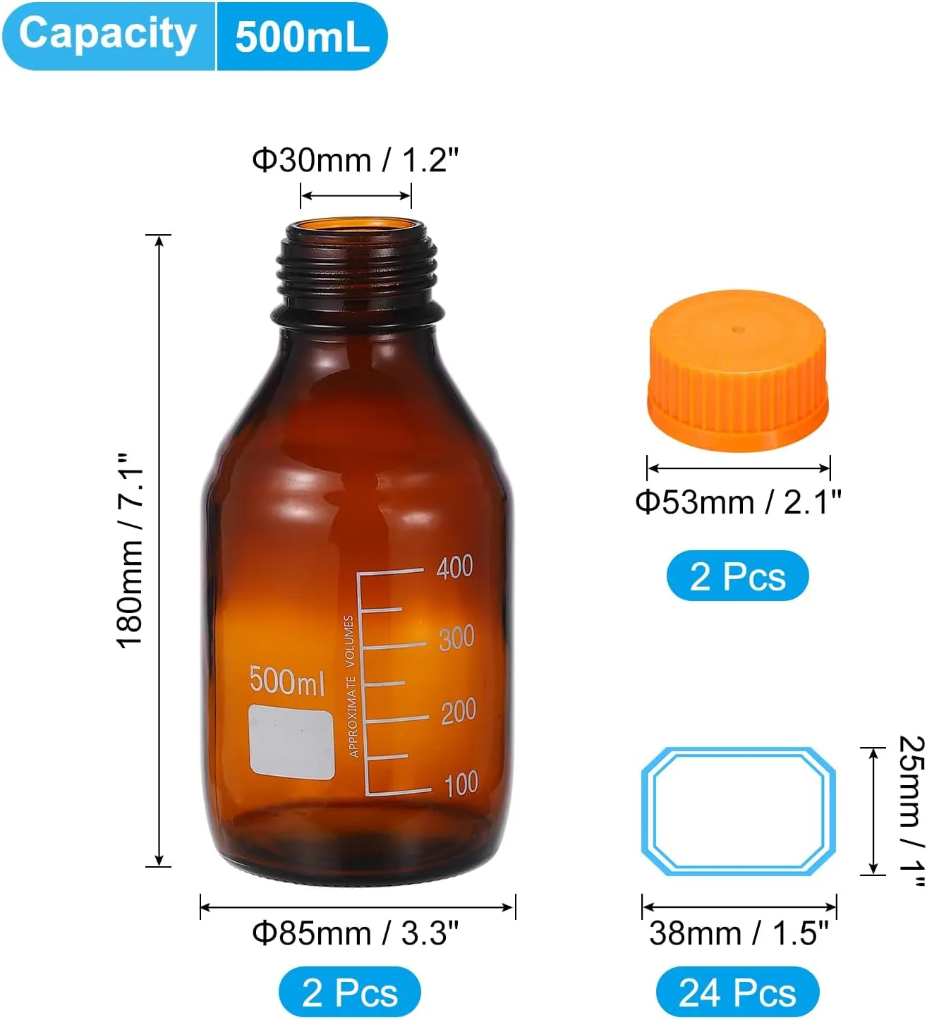 PATIKIL 2 Pack Reagent Media Storage Bottles, 500ml Borosilicate Glass Graduated Round Bottles with Orange GL32 Screw Cap and 24 Pcs Labels for Lab Water Reagent Liquids, Amber