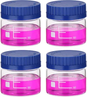 PATIKIL 4 Pack Reagent Media Storage Bottles, 150ml Borosilicate Glass Wide Mouth Graduated Round Bottles with GL32 Blue Screw Cap for Lab Water Reagent Liquids, Clear