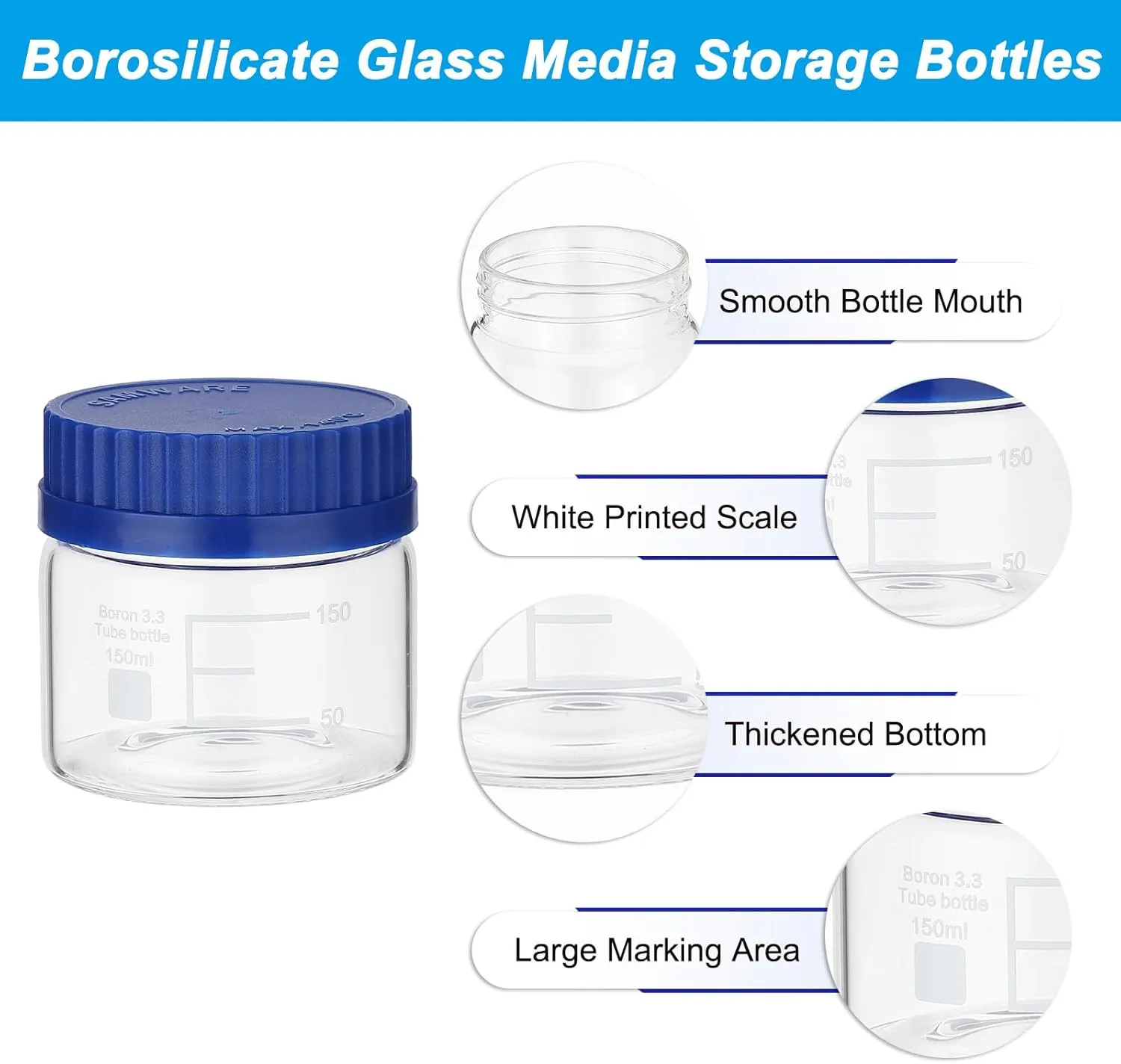 PATIKIL 4 Pack Reagent Media Storage Bottles, 150ml Borosilicate Glass Wide Mouth Graduated Round Bottles with GL32 Blue Screw Cap for Lab Water Reagent Liquids, Clear