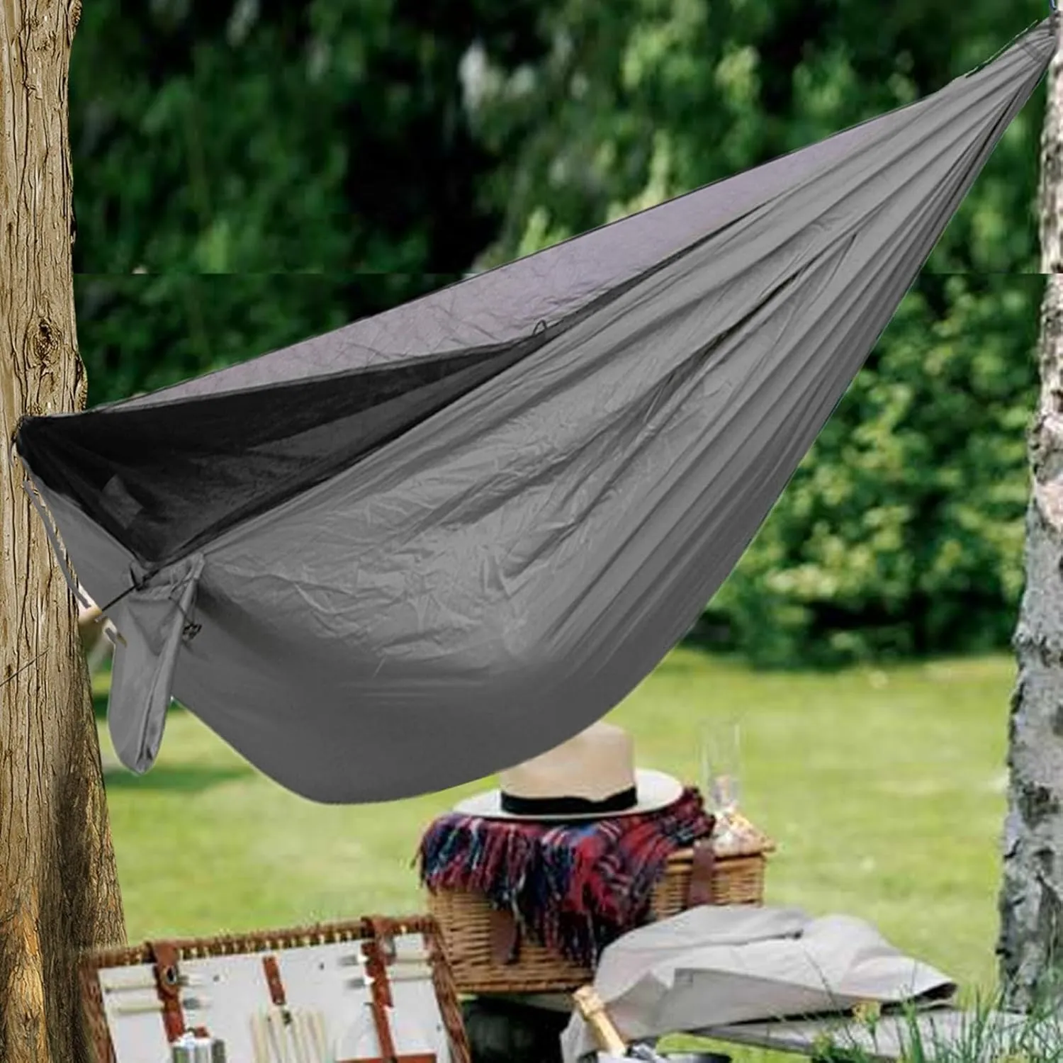 Patio Hammock - Outdoor Hammock | Hammock Fly Net | Portable Hammock Strong Capacity | Parachute Hammock Camping | Hammock Tarp, Foldable Hammock Net for Camping Hiking Fishing, Grey