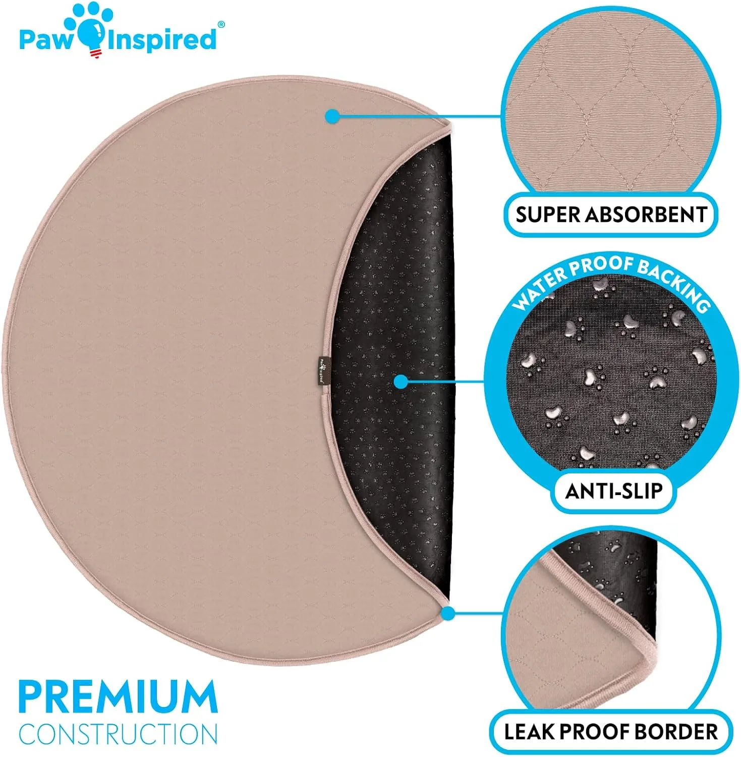 Paw Inspired Round Washable Pee Pads for Dogs (2 Pack) | Reusable Puppy Pads for Potty Training, Whelping, Waterproof Mat | Leakproof, Non-Slip Liners (48" Size, Pack of 2)