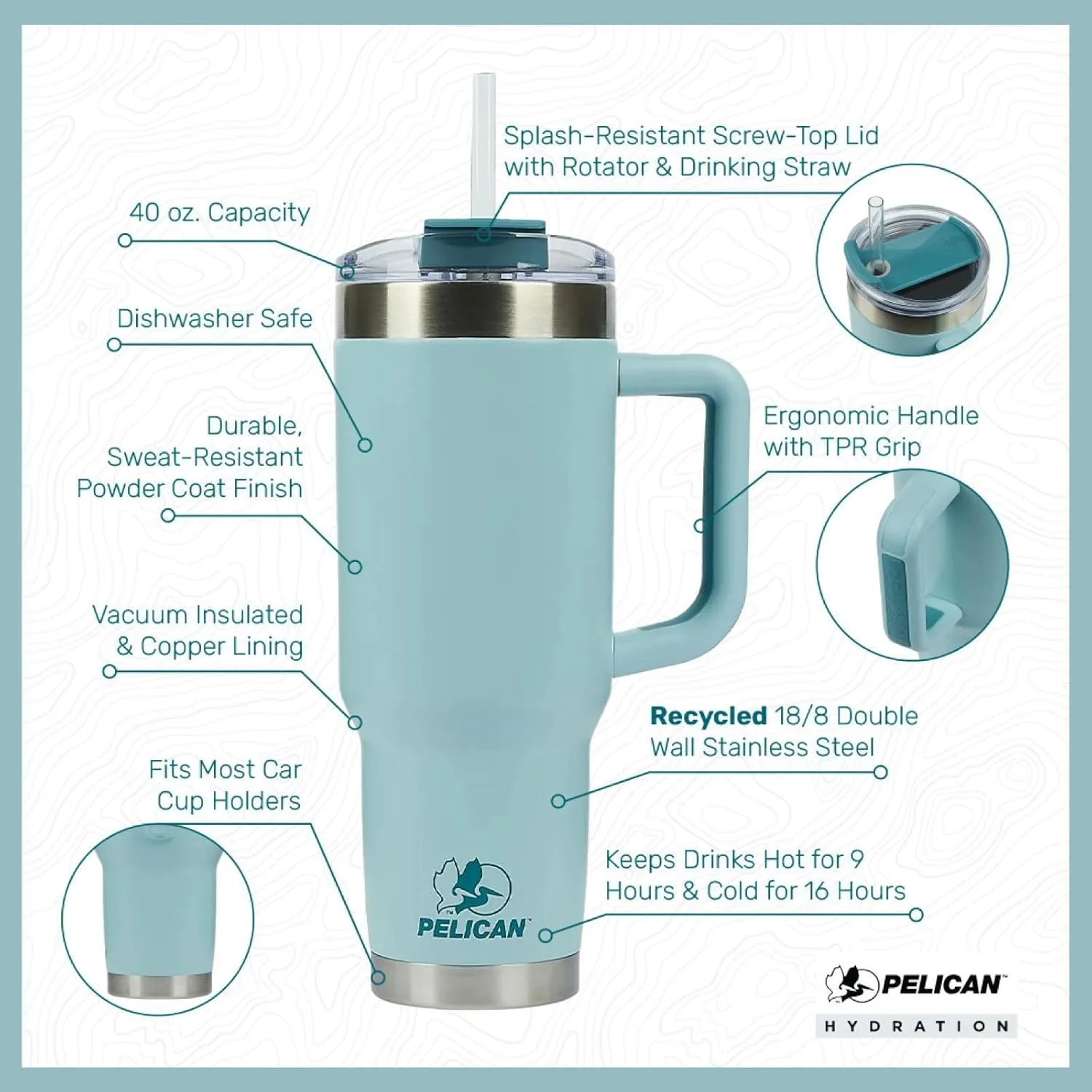 Pelican Hydration Pelican Porter™ 40 oz Vacuum Insulated Tumbler - Recycled Stainless Steel Double Wall Travel with Dual Lid, Powder Coated Insulated Coffee Mug For Hot Cold Drinks, Nebula